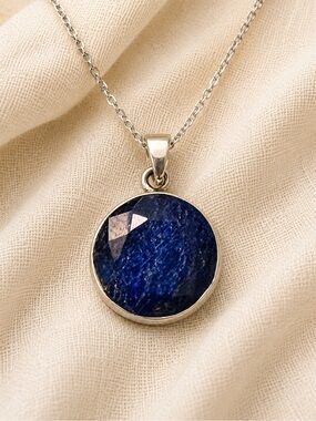 Natural Blue Faceted Sapphire Round Bezel Set Pendant 925 Silver NEW #684